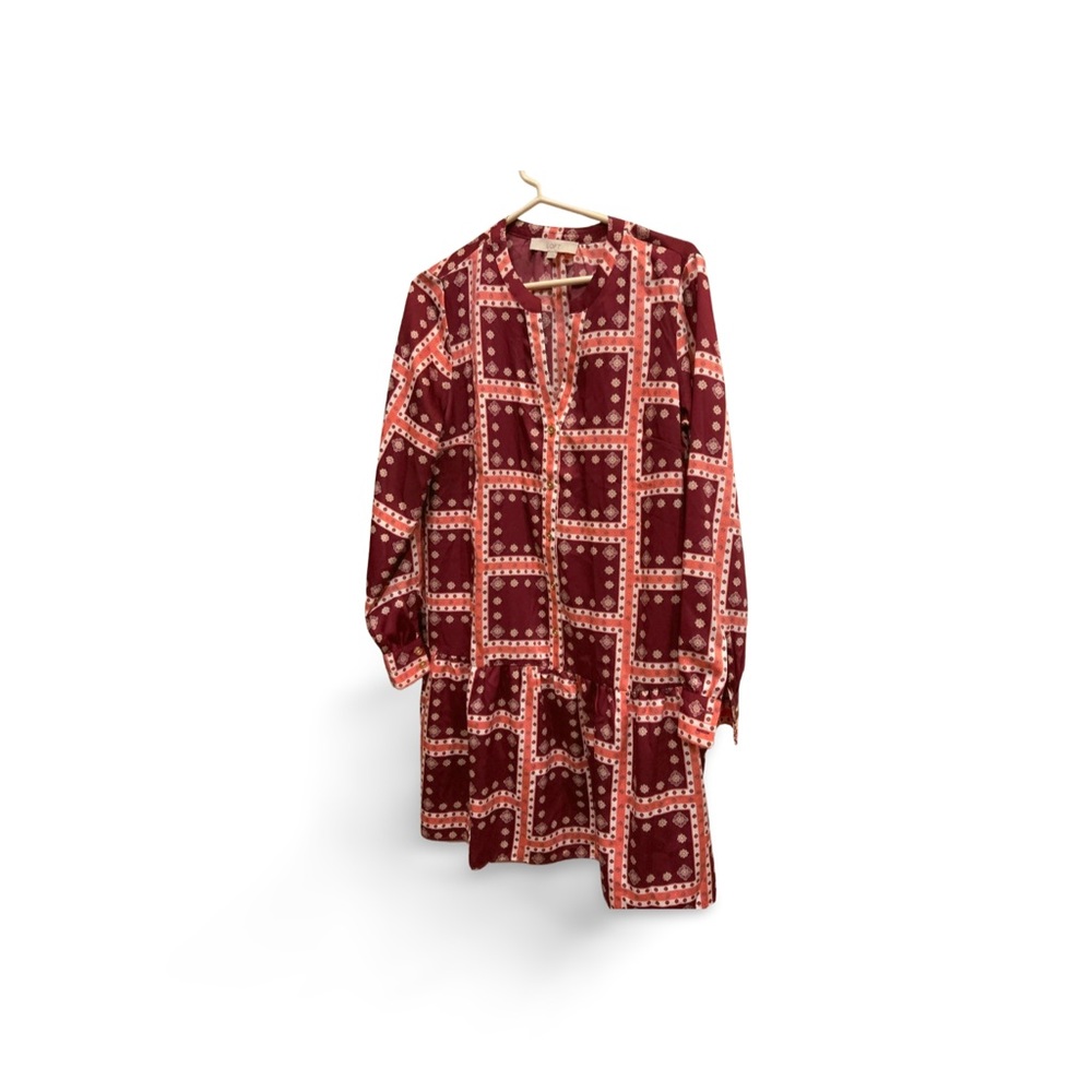 LOFT Burgundy & Coral Geometric Floral Print Dress | Size Small